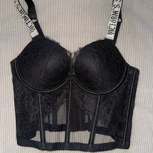 Victoria's Secret Black Lace Bustier with Embellished Straps